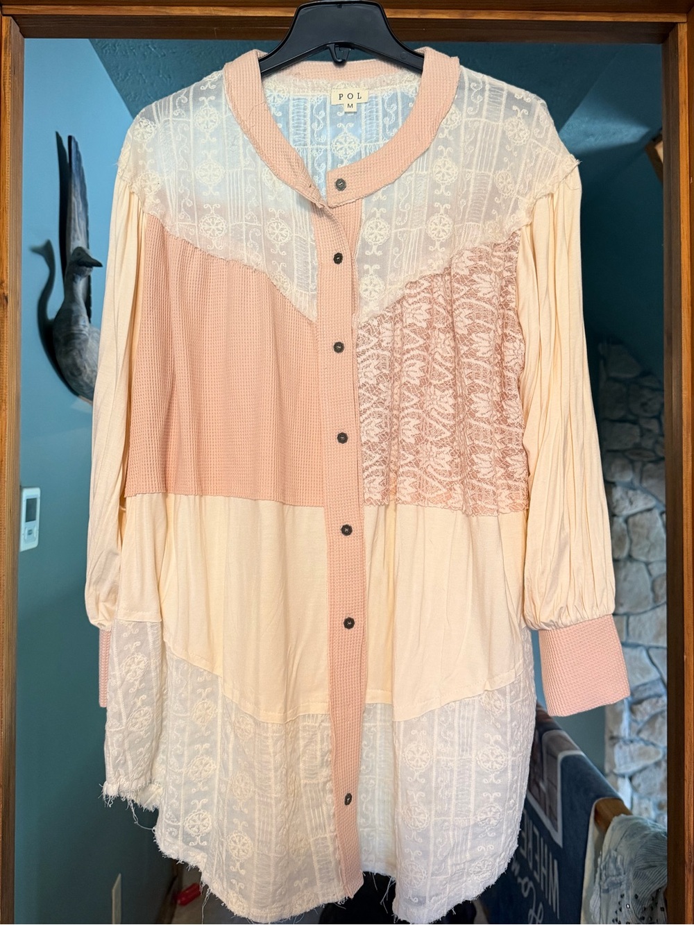 NWOT POL Patchwork Lace & Knit Button-Front Blouse in Blush and Ivory